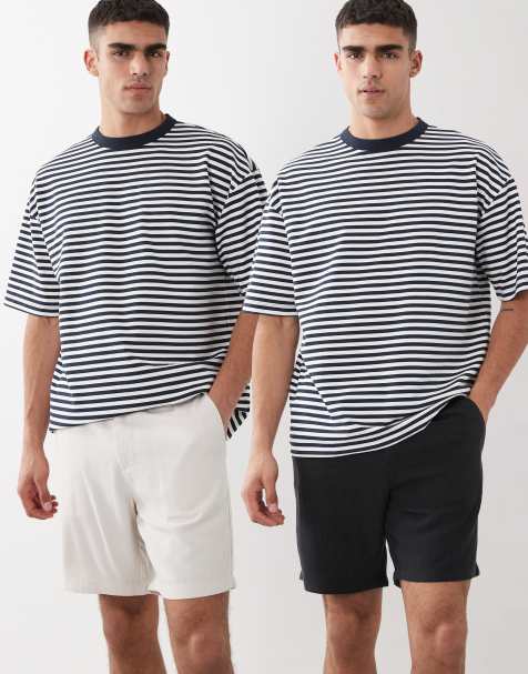 ASOS DESIGN – 2er-Pack schmale, mittellange Shorts aus Leinenmix in Schwarz und Steinbeige - view 1