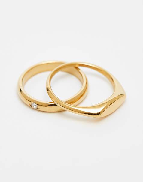 ASOS DESIGN – 2er-Pack Siegelringe aus wasserfestem, goldfarbenem Edelstahl mit Kristallbesatz - view 1