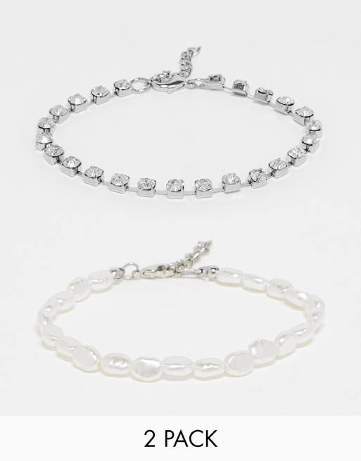 ASOS DESIGN – 2er-Pack silberfarbene Armbänder mit Strasssteinen und Süßwasser-Kunstperlen