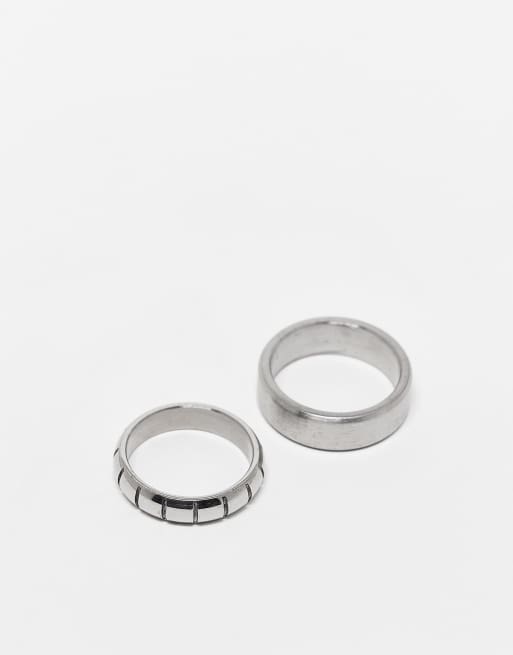 ASOS DESIGN – 2er-Pack silberfarbene Bandringe aus wasserfestem Edelstahl mit gemischter Struktur