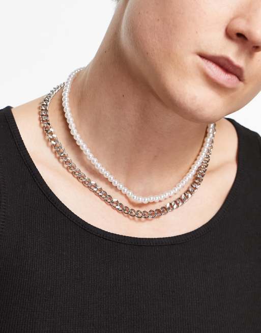 ASOS DESIGN – 2er-Pack silberfarbene Halsketten aus Edelstahl im Perlen- und Kettengliederdesign 