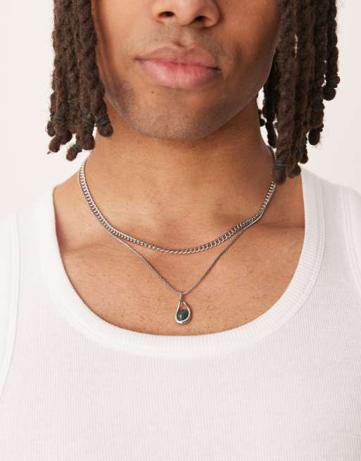 ASOS DESIGN – 2er-Pack Silberfarbene Halsketten eine mit Moosachat-Halbedelstein-Anhänger im geschmolzenem Design