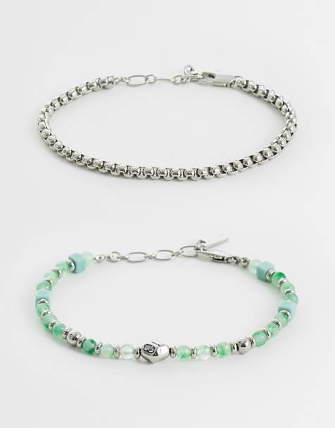 ASOS DESIGN – 2er-Pack silberfarbene Kettenarmbänder mit quadratischen Perlen aus grünem Prehnit-Halbedelstein - view 1
