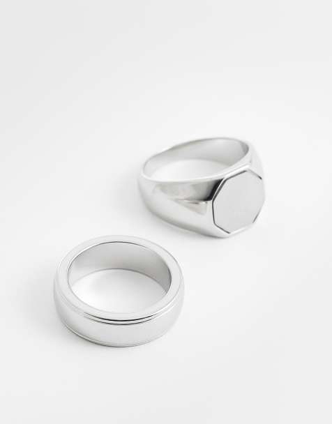 ASOS DESIGN – 2er-Pack silberfarbene Siegelringe aus wasserfestem Edelstahl mit achteckigem Design und gebürsteter Oberfläche - view 1