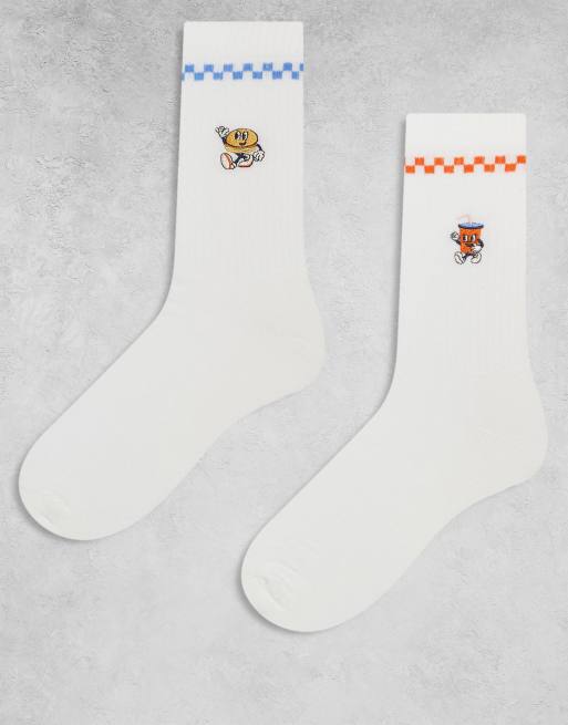 ASOS DESIGN – 2er-Pack Socken in Ecru mit Fastfoodfiguren-Grafik