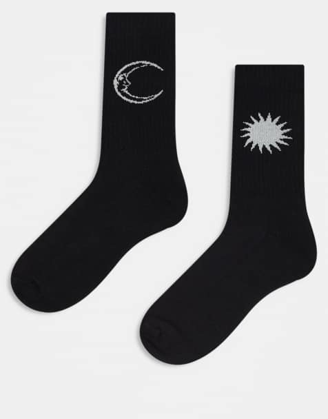 ASOS DESIGN – 2er-Pack Socken in Schwarz mit Sonnen- und Mondstickerei - view 1