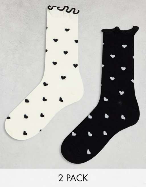 ASOS DESIGN – 2er-Pack Socken in Schwarz-Weiß mit Herzmuster und Rüschenkante 