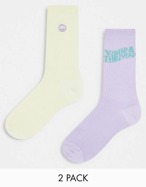ASOS DESIGN – 2er-Pack Socken in verschiedenen Farben mit „Happy Face“-Stickerei