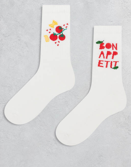 ASOS DESIGN – 2er-Pack Socken in Weiß mit Food-Grafikprint