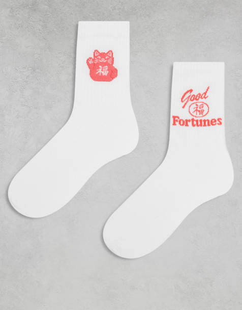 ASOS DESIGN – 2er-Pack Socken in Weiß mit „Lucky Cat“-Grafik - view 1