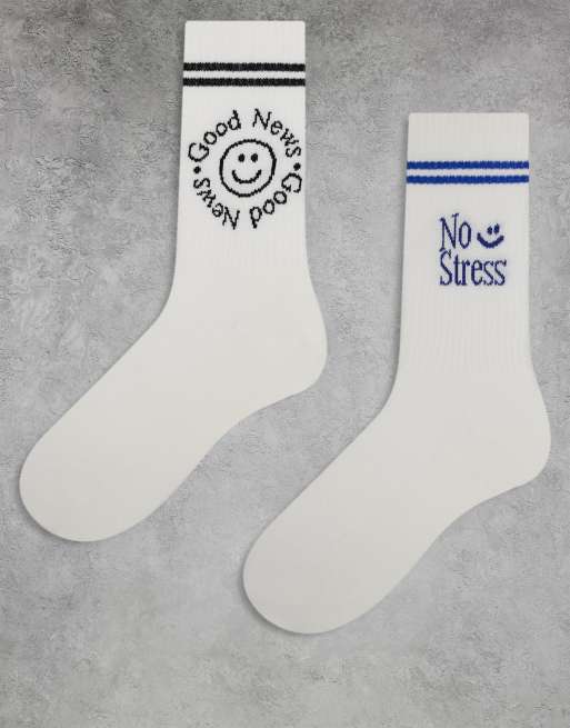 ASOS DESIGN – 2er-Pack Socken in Weiß mit No Stress-Grafik