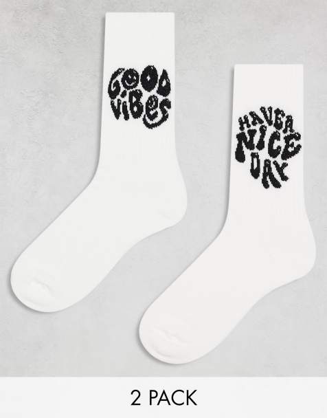 ASOS DESIGN – 2er-Pack Socken in Weiß mit positiven Slogans - view 1