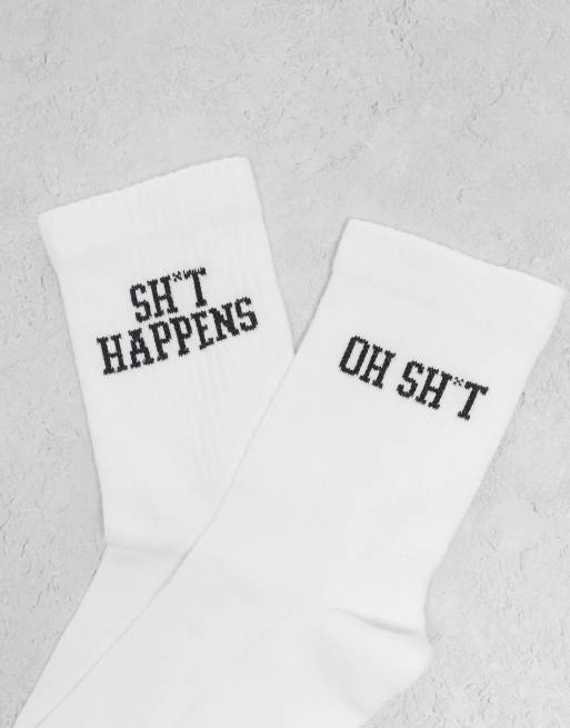 ASOS DESIGN – 2er-Pack Socken in Weiß mit Schimpfwörter-Grafikmotiven, 2 von 3