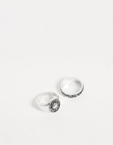 ASOS DESIGN 2er-Pack Sonnen-Siegelring und Ring mit Detailband in oxidiertem Silber - view 1