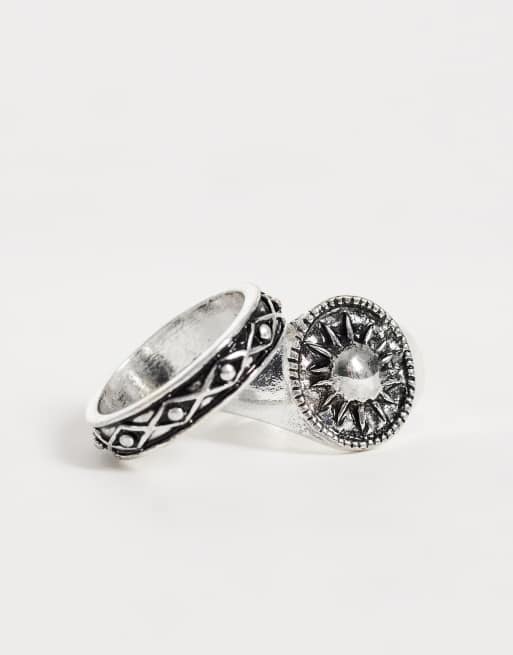 ASOS DESIGN 2er-Pack Sonnen-Siegelring und Ring mit Detailband in oxidiertem Silber, 3 von 3