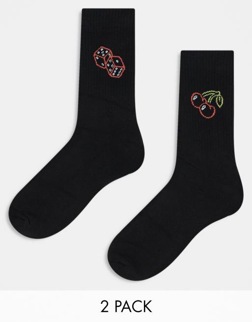 ASOS DESIGN – 2er-Pack Sportsocken in Schwarz mit Würfel- und Kirschmotiv 