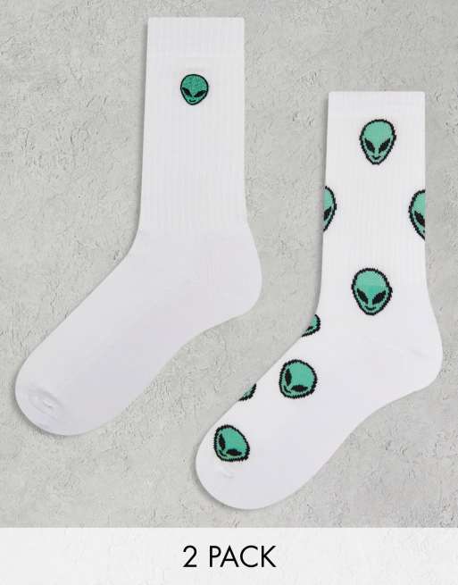 ASOS DESIGN – 2er-Pack Sportsocken in Weiß mit Alienmotiven