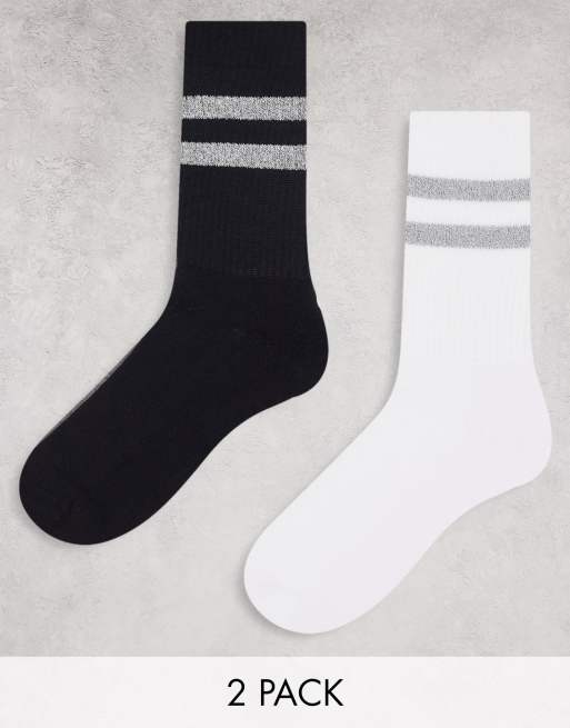 ASOS DESIGN – 2er-Pack Sportsocken mit metallischem Doppelstreifen in Schwarz und Weiß