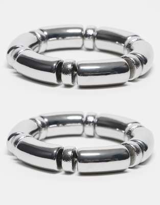 ASOS DESIGN - 2er-Pack Stretch-Armbänder in Silberoptik-Goldfarben