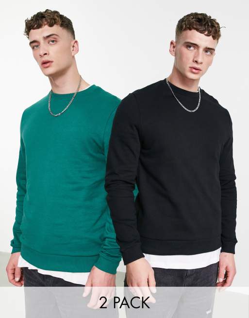 ASOS DESIGN – 2er-Pack Sweatshirts in Grün/Schwarz