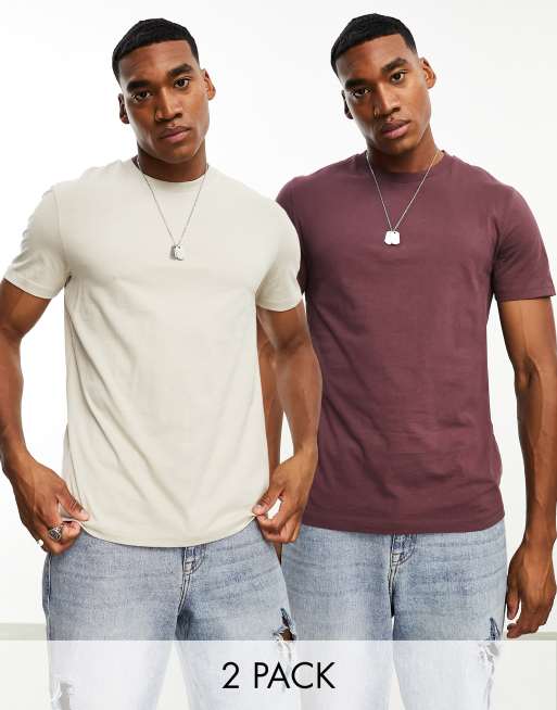 ASOS DESIGN – 2er-Pack T-Shirts in Beige und Burgunderrot mit Rundhalsausschnitt