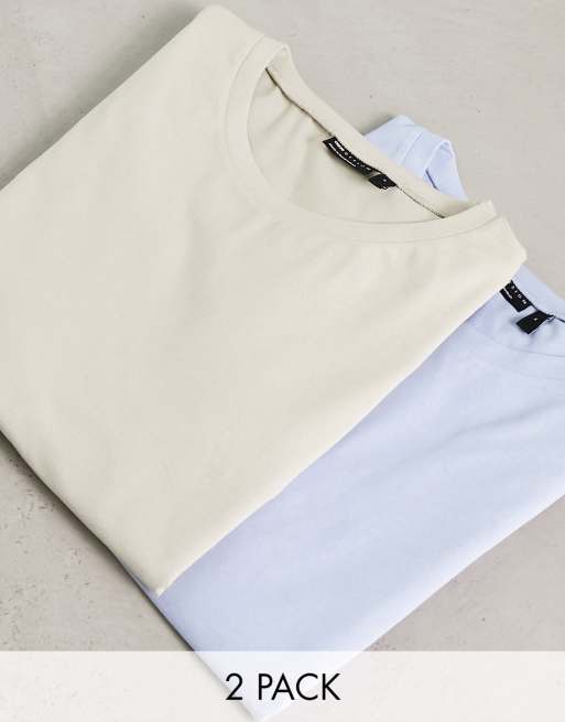 ASOS DESIGN – 2er-Pack T-Shirts in Blau und Beige mit Rollärmeln