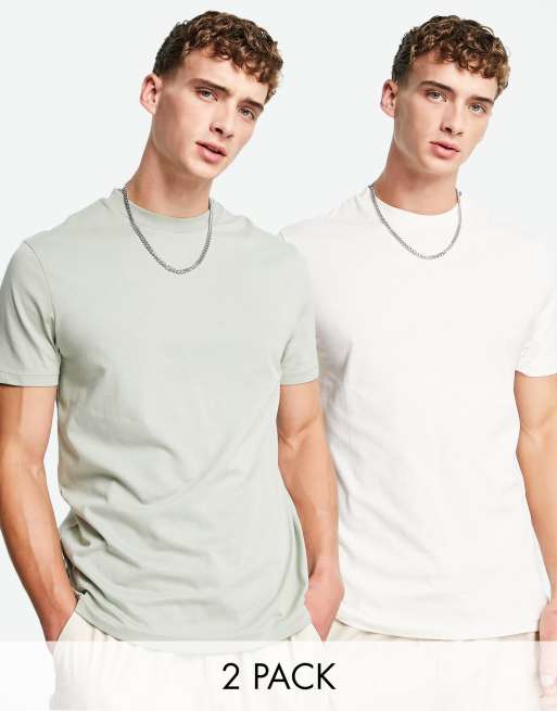 ASOS DESIGN – 2er-Pack T-Shirts in Khaki und Weiß mit Rundhalsausschnitt