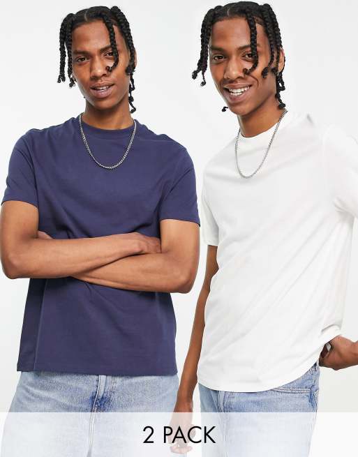 ASOS DESIGN – 2er-Pack T-Shirts in Marineblau und Weiß mit Rundhalsausschnitt