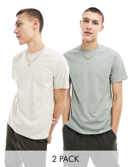 ASOS DESIGN – 2er-Pack T-Shirts in Steinbeige und Khaki