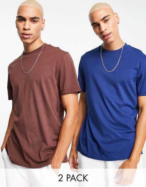 ASOS DESIGN – 2er-Pack T-Shirts mit Rollärmeln in Braun und Blau