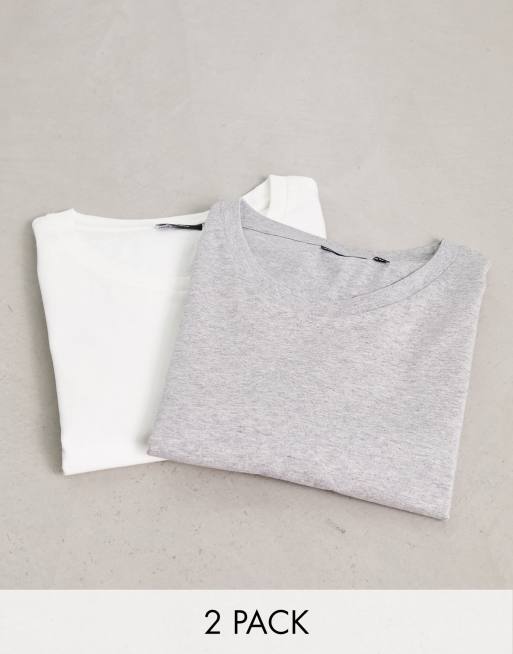 ASOS DESIGN – 2er-Pack T-Shirts mit Rundhalsausschnitt in Weiß und Grau meliert