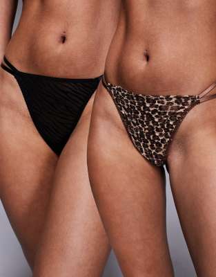 ASOS DESIGN - 2er-Pack Tangas aus Spitze in Braun mit Animalprint und Doppel-Riemchen-Bunt
