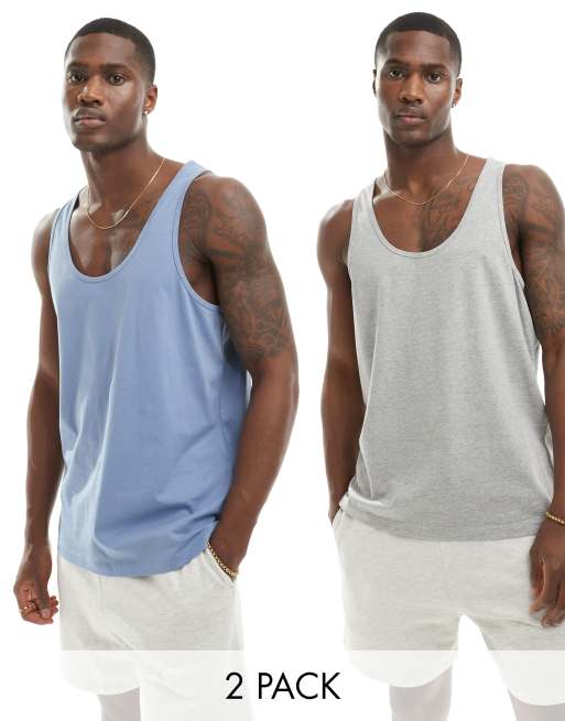 ASOS DESIGN – 2er-Pack Trägershirts in Kalkgrau und Mittelblau