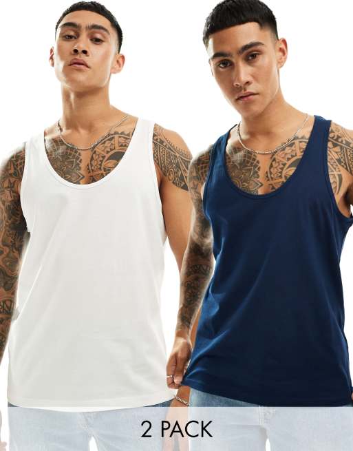 ASOS DESIGN – 2er-Pack Trägertops in Marineblau und Weiß