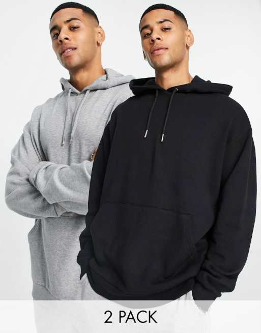 ASOS DESIGN – 2er Packung übergroße Kapuzenpullover in Schwarz und Grau meliert