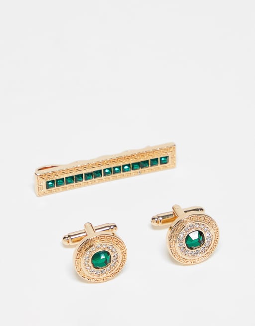 ASOS DESIGN – 2er-Set aus Krawattenspange und Manschettenknöpfen für die Hochzeit in Gold mit grünen Schmucksteinen