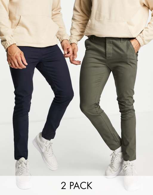 ASOS DESIGN – 2er-Set enge Chinohosen in Khaki und Marine, Rabatt