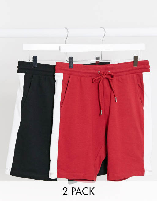ASOS DESIGN – 2er-Set enge Shorts aus Jersey mit Seitenstreifen in Schwarz und Rot
