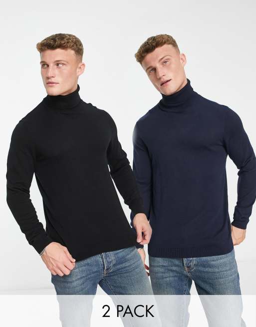 ASOS DESIGN – 2er-Set gerippte Strickpullover in Schwarz und Marineblau mit Rollkragen