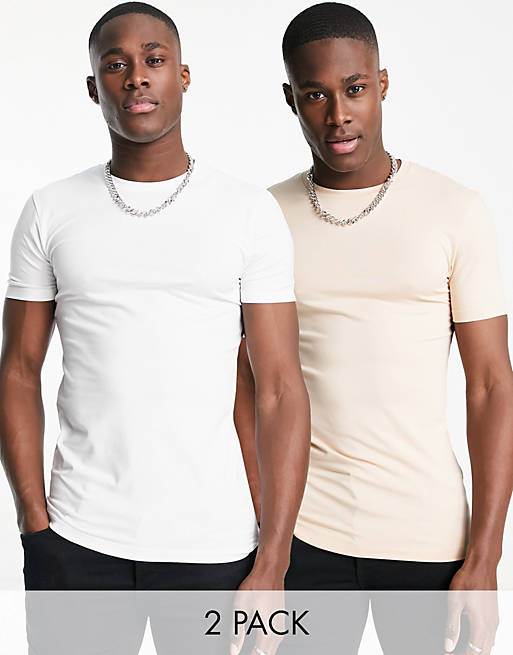 ASOS DESIGN – 2er-Set Muskel-T-Shirts in Weiß und Cremeweiß mit  Rundhalsausschnitt | ASOS