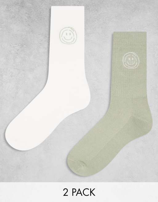 ASOS DESIGN – 2er-Set Sportsocken mit Stickerei im Smiley-Design in Grün und Ecru