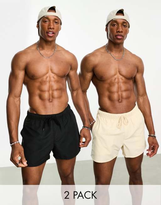 ASOS DESIGN – 2er-Sparpack kurze Badeshorts in Cremeweiß/Schwarz