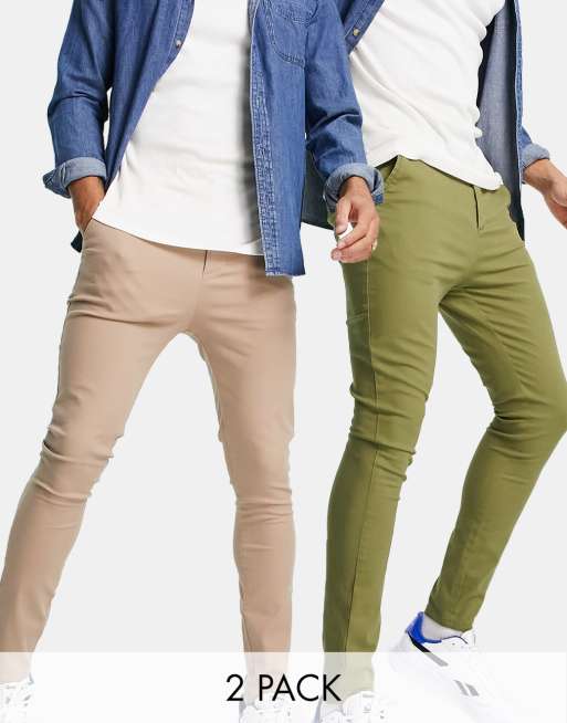 ASOS DESIGN – 2er-Sparset supereng geschnittene Chinohosen in Khaki und Beige - MULTI