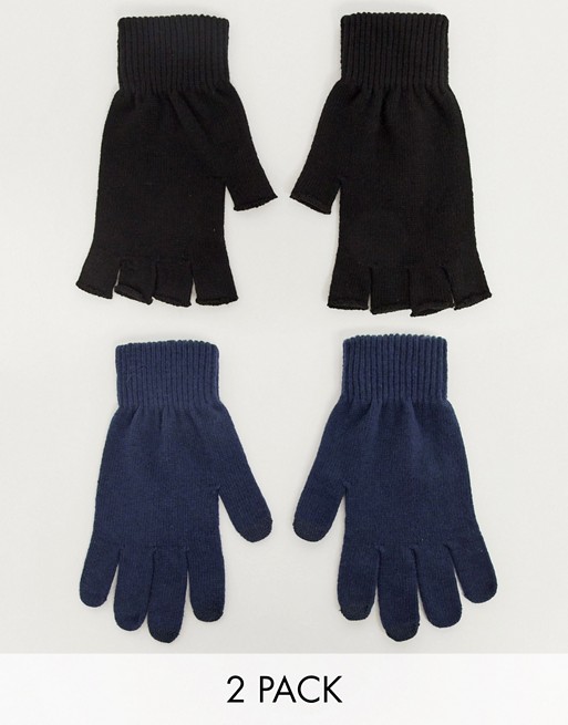 ASOS DESIGN 2pack touchscreen glove in navy and fingerless glove in black