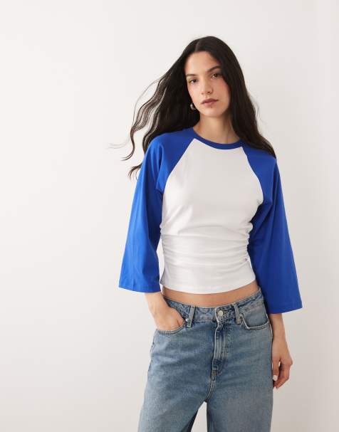 ASOS DESIGN 3/4 contrast sleeve top with cinched waist in cobalt and white - view 1