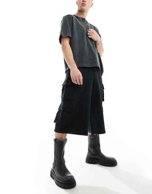 ASOS DESIGN - 3/4-lange shorts med 4 lommer i sort faldskærmsstof