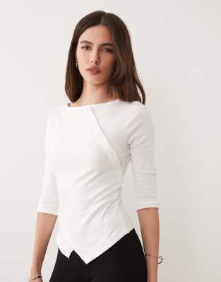 Asos Design 3/4 Sleeve Asymmetric Button Up Top In White