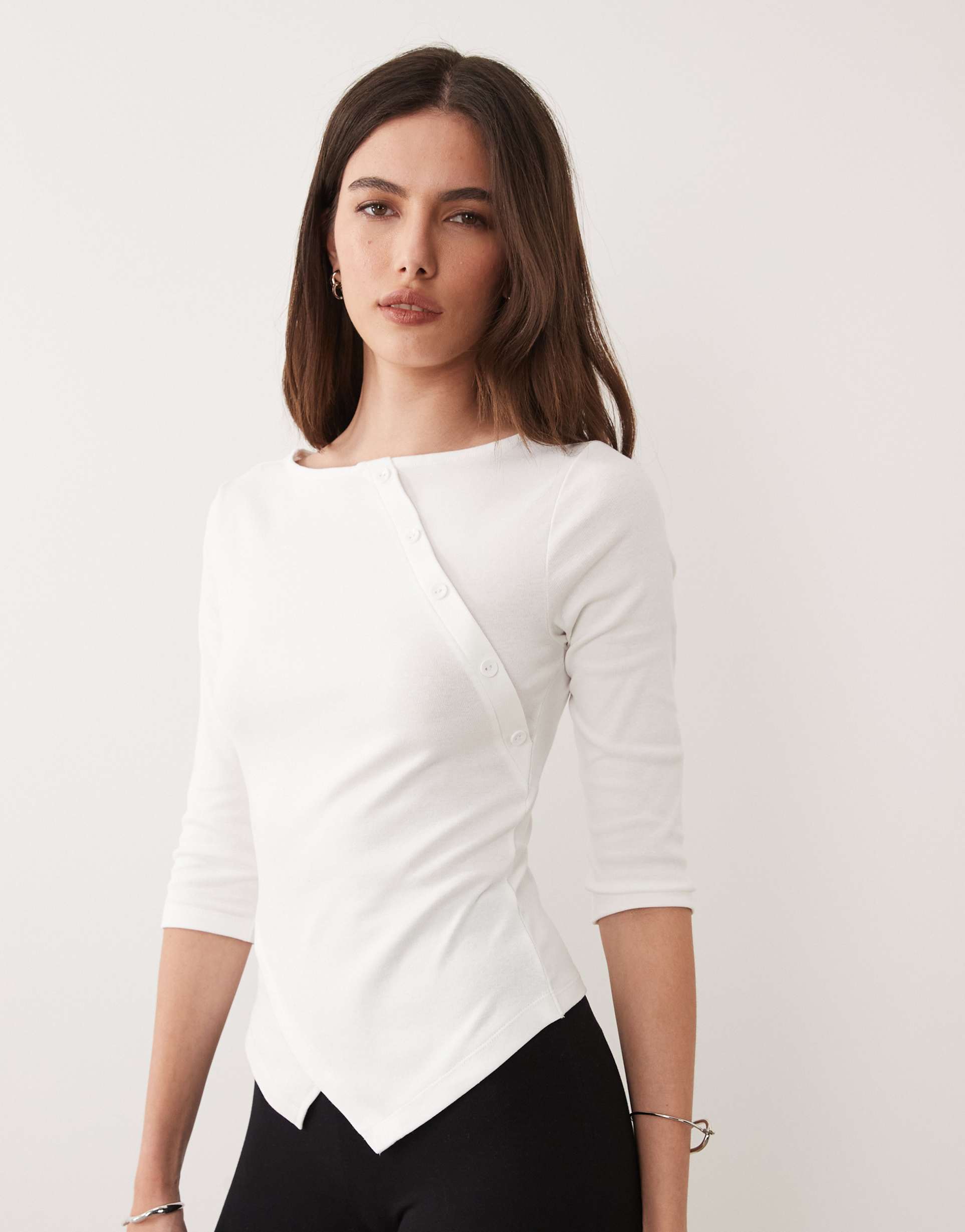 asos design 3/4 sleeve asymmetric button up top in white