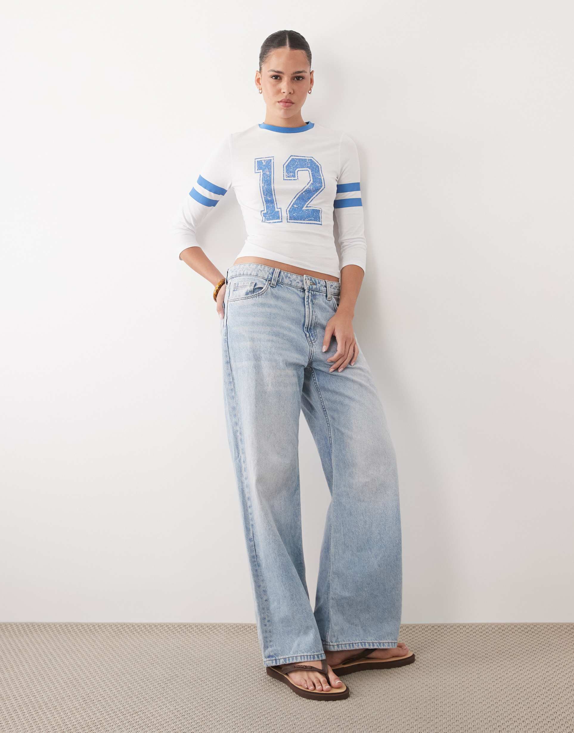 asos design 3/4 sleeve baby tee with varsity graphic in ecru and blue