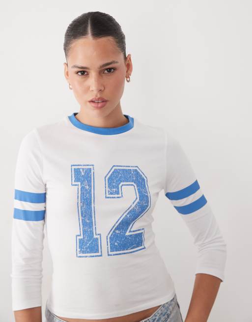 ASOS DESIGN 3/4 sleeve baby tee with varsity graphic in ecru and blue, 2 of 4